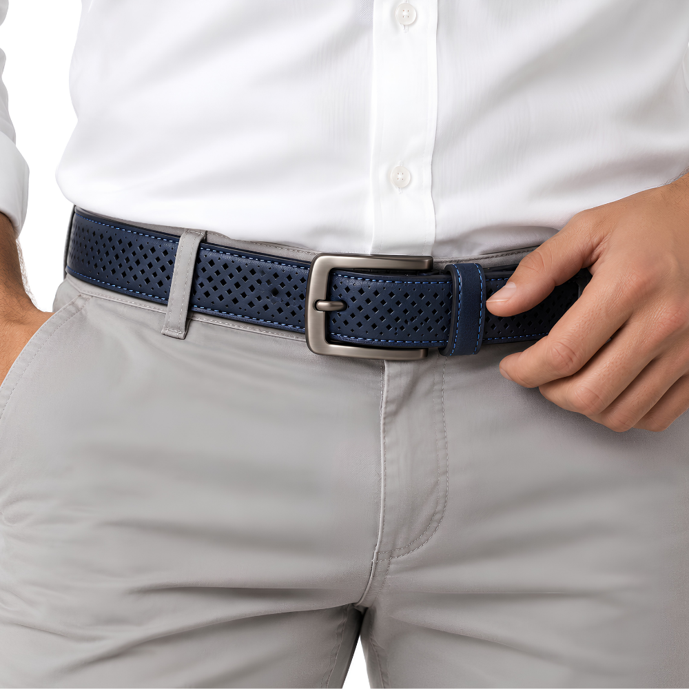 Cove Perforated Belt in Navy — vegan leather