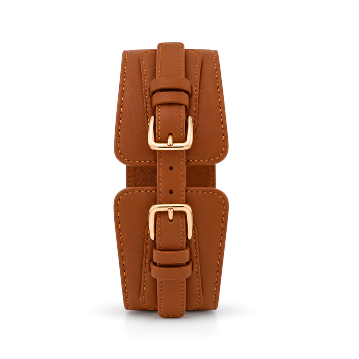Ceinture Large Femme Marron en Similicuir avec Doubles Boucles Dorées