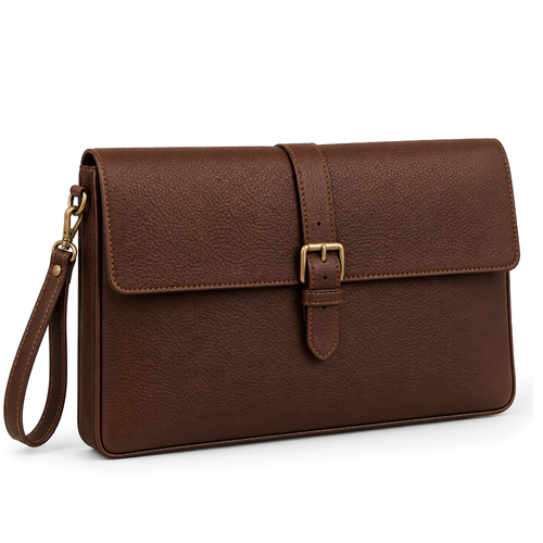 Alder Buckle Clutch in Brown — vegan leather