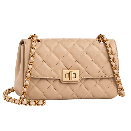 Amelie Quilted Flap Bag in Beige — vegan leather