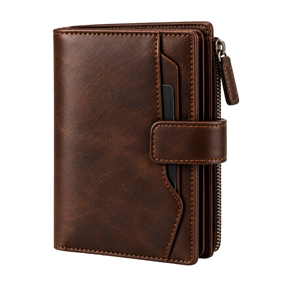 Dawson Trifold Zip Wallet in Cognac — vegan leather