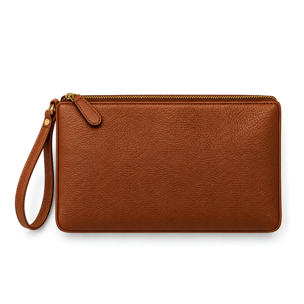 Hugo Zip Clutch in Tan — vegan leather