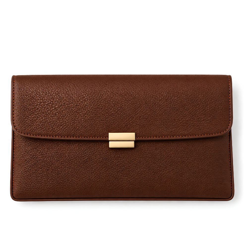 Isla Flap Clutch in Brown — vegan leather
