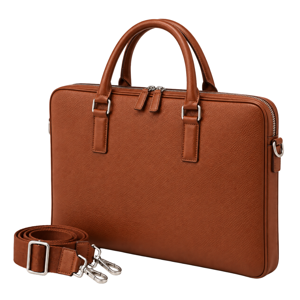 Kingston Slim Briefcase in Cognac — vegan leather