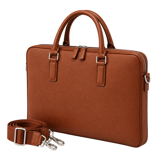 Kingston Slim Briefcase in Cognac — vegan leather