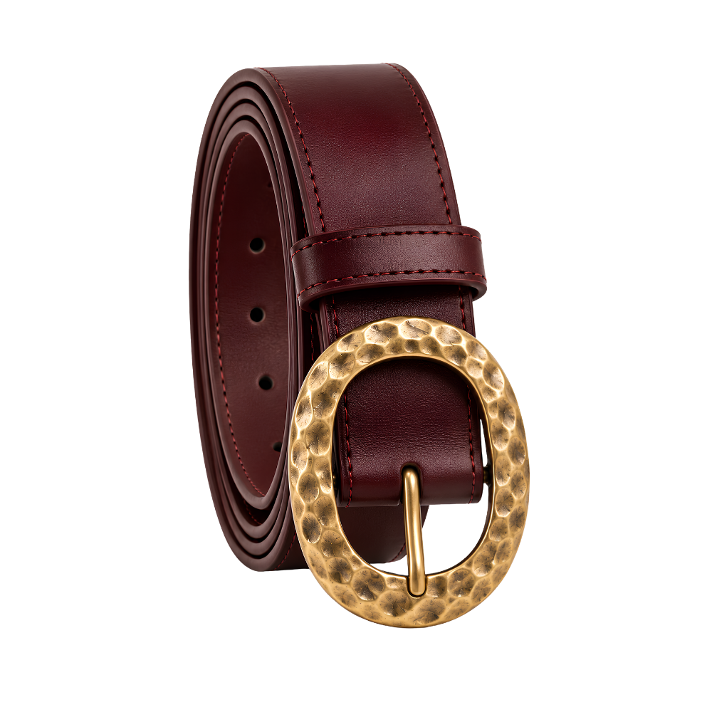 Ondine Hammered Buckle Belt in Burgundy — vegan leather