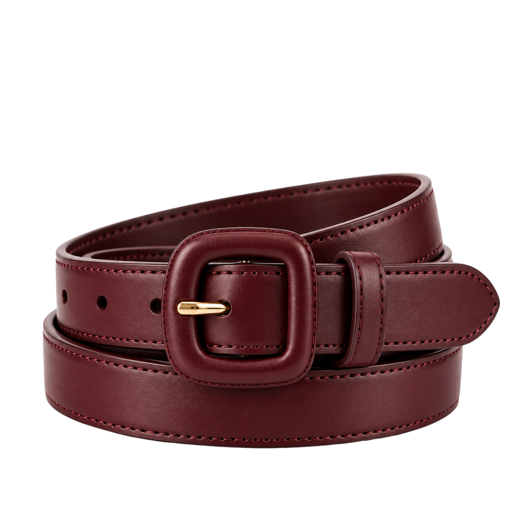 Sable Covered Buckle Belt in Burgundy — vegan leather