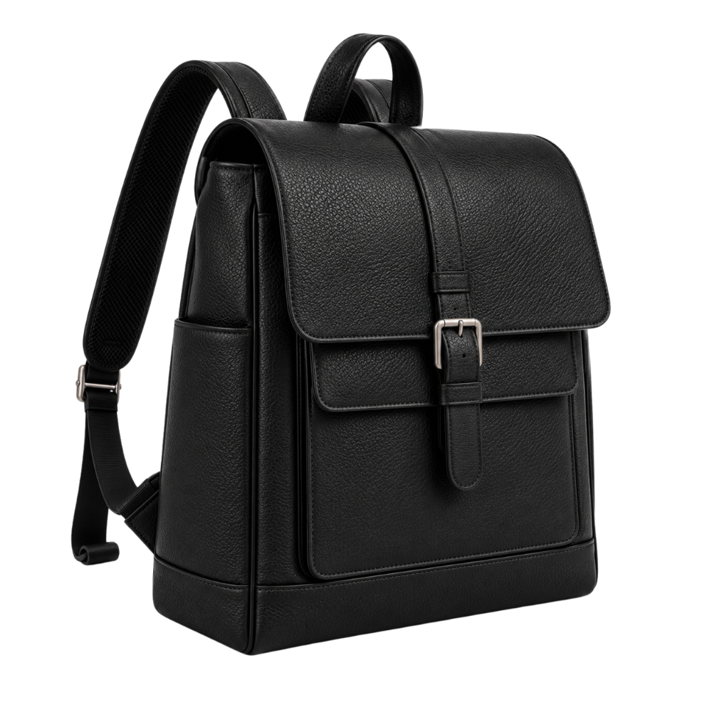 Sterling Flap Backpack in Black — vegan leather