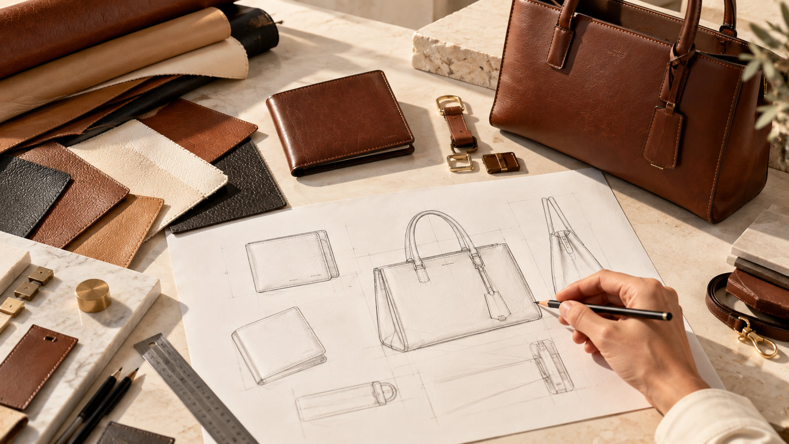 Sketching a Glovano tote beside vegan leather swatches and brass hardware